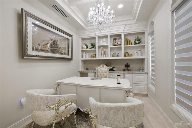 office space featuring visible vents, an inviting chandelier, and crown molding