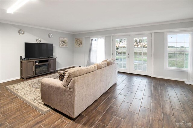 26086 Rabb Rd, La Feria, TX 78559 - living room with dark wood-style floors, ornamental molding, plenty of natural light, and french doors