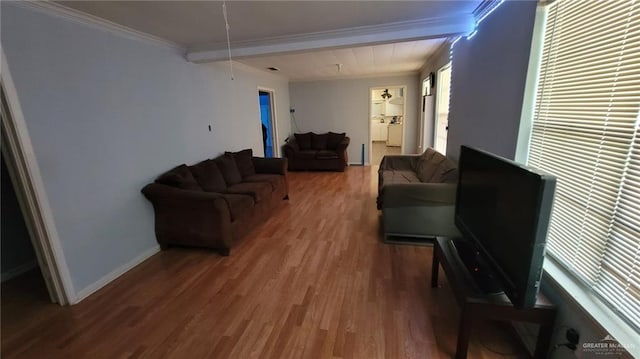 living room with wood-type flooring and ornamental molding