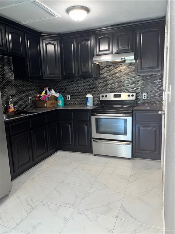 kitchen with marble finish floor, under cabinet range hood, and stainless steel electric stove