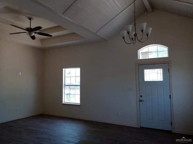 entrance foyer with ceiling fan with notable chandelier, vaulted ceiling with beams, and dark hardwood / wood-style flooring