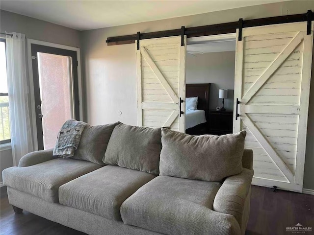 living room with a barn door and dark hardwood / wood-style floors