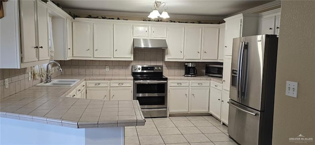 1706 Primrose Ave, Mission, TX 78572 - kitchen with stainless steel appliances, a sink, under cabinet range hood, tile countertops, and backsplash