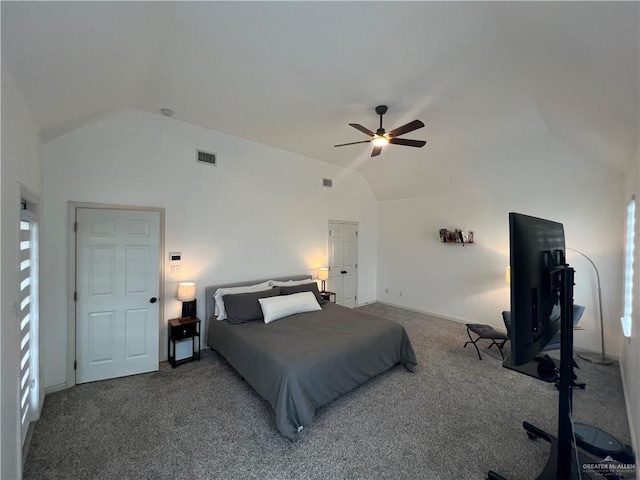 bedroom featuring vaulted ceiling, ceiling fan, carpet floors, baseboards, and visible vents