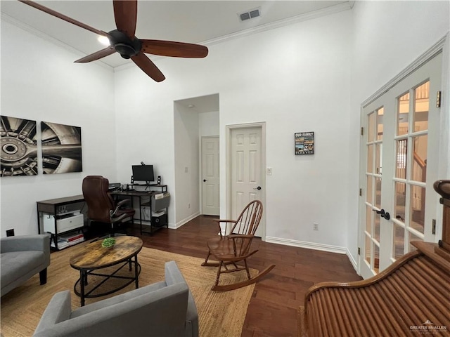 living room featuring visible vents, baseboards, ceiling fan, and french doors