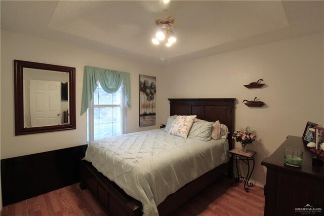 bedroom with wood-type flooring and a raised ceiling