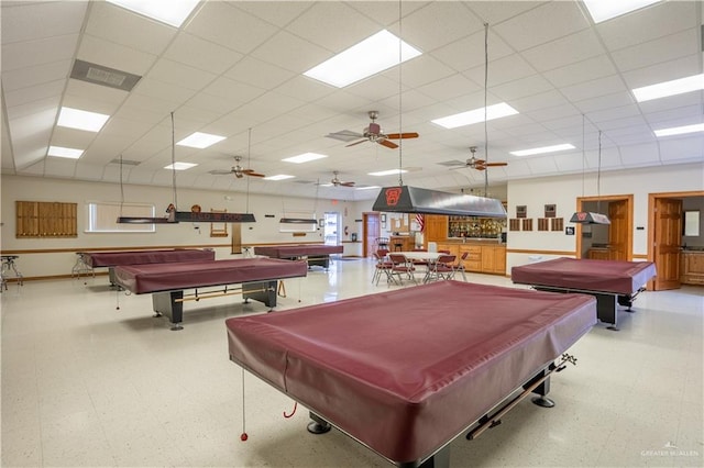 playroom with a drop ceiling and billiards