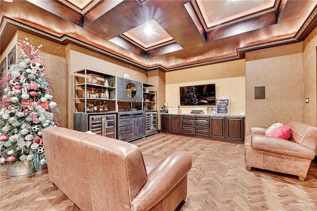 home theater featuring bar, crown molding, light parquet floors, and coffered ceiling