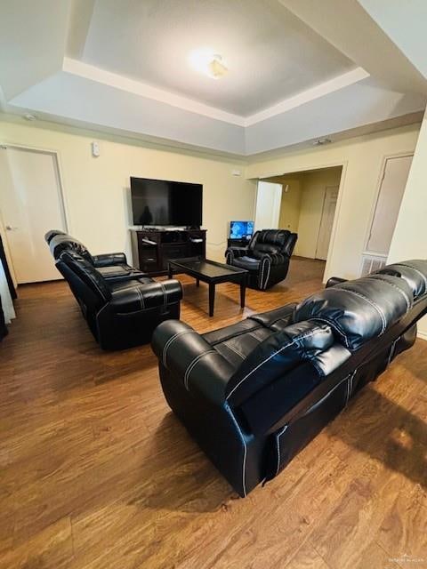 living room with hardwood / wood-style floors and a raised ceiling