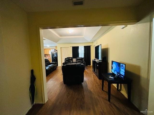 living room with dark hardwood / wood-style floors