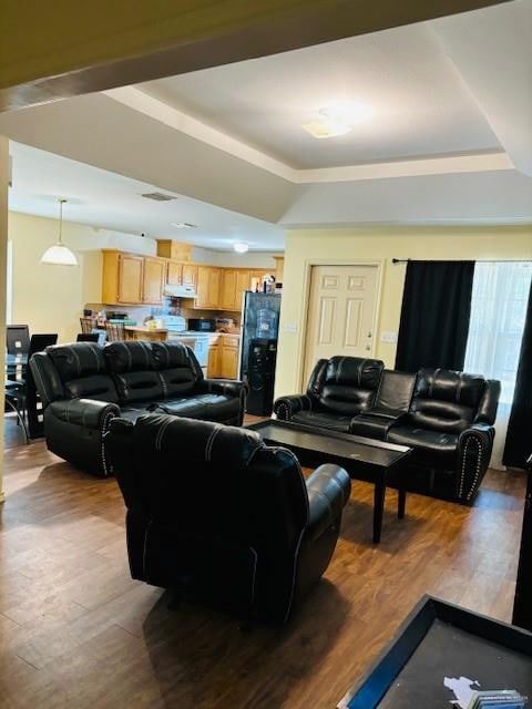 living room featuring hardwood / wood-style floors and a raised ceiling