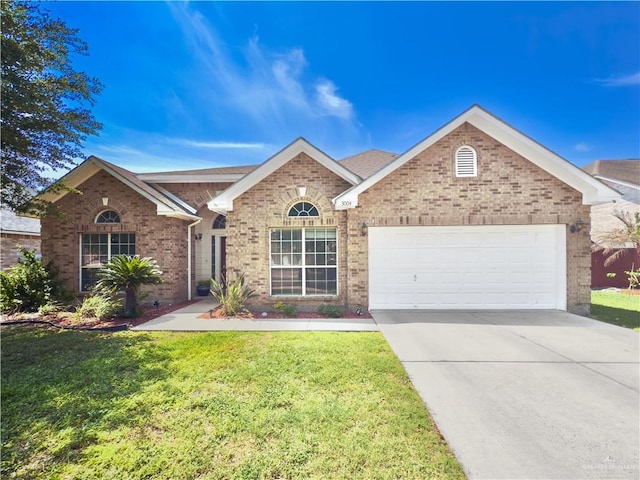 3004 San Federico Rd, Mission, TX 78572 - ranch-style home featuring an attached garage, driveway, brick siding, and a front yard