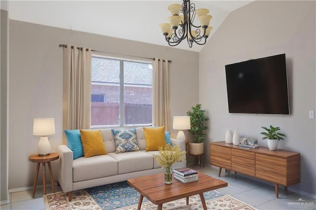 3004 San Federico Rd, Mission, TX 78572 - living room featuring an inviting chandelier, vaulted ceiling, baseboards, and light tile patterned floors