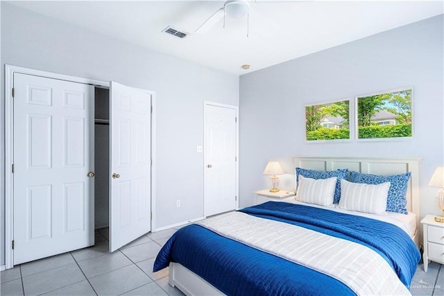 3004 San Federico Rd, Mission, TX 78572 - bedroom with light tile patterned flooring, visible vents, and a ceiling fan