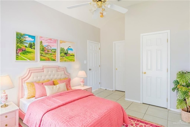 3004 San Federico Rd, Mission, TX 78572 - bedroom with high vaulted ceiling, a ceiling fan, baseboards, and light tile patterned floors