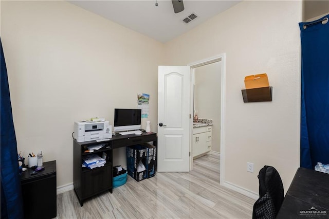 office area featuring ceiling fan and light wood-type flooring