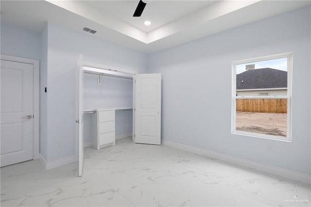 1232 Bridle Way, San Benito, TX 78586 - unfurnished bedroom featuring light marble finish flooring, baseboards, a closet, recessed lighting, and a ceiling fan