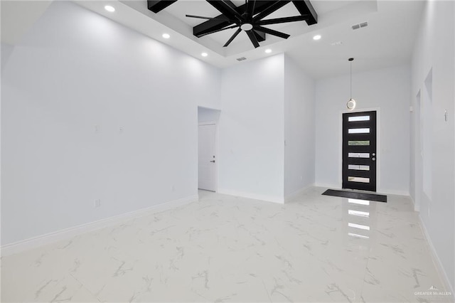 1232 Bridle Way, San Benito, TX 78586 - foyer with recessed lighting, coffered ceiling, baseboards, a towering ceiling, and beam ceiling