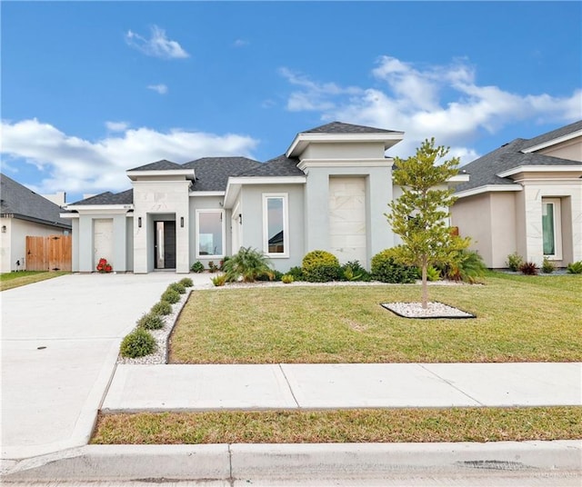 view of front of home featuring a front yard and a garage