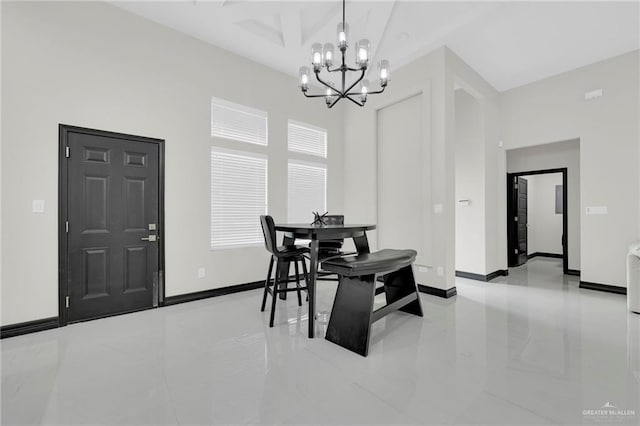 4610 Vikings Dr, San Juan, TX 78589 - dining area featuring baseboards, an inviting chandelier, beam ceiling, and coffered ceiling