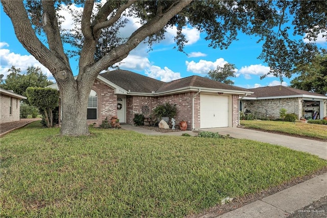 single story home with a front lawn and a garage