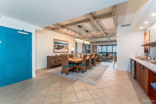 dining area featuring baseboards, coffered ceiling, recessed lighting, and visible vents
