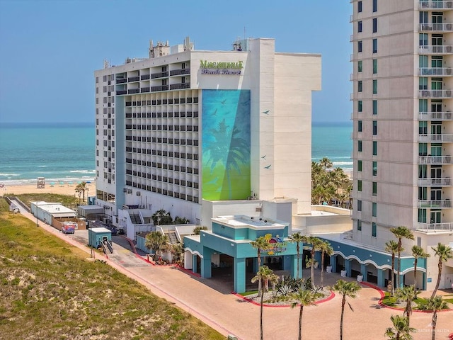 view of building exterior with a water view