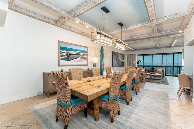 dining space featuring baseboards, coffered ceiling, and beamed ceiling