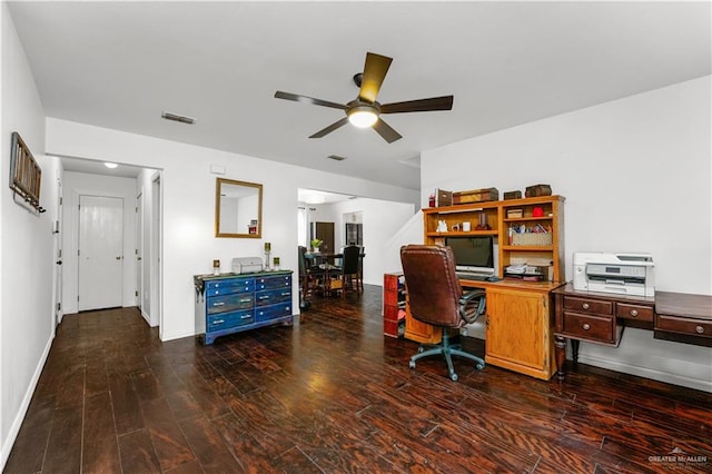 office area featuring ceiling fan and dark wood-type flooring