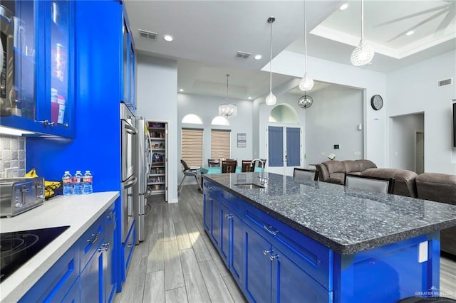 1102 Palm Blvd, Laguna Vista, TX 78578 - kitchen with a sink, black electric stovetop, an island with sink, a raised ceiling, and light wood-style floors