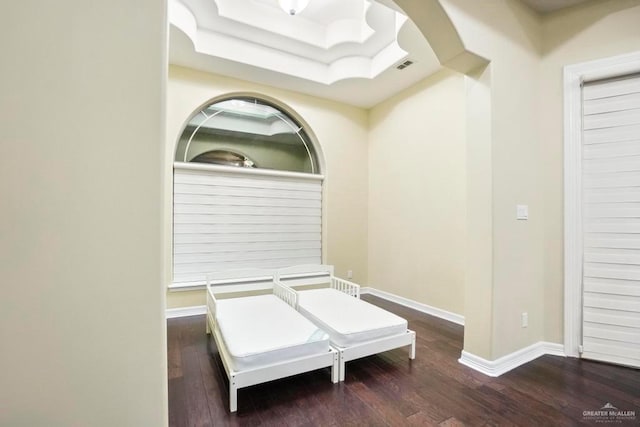 interior space featuring dark hardwood / wood-style floors and a raised ceiling