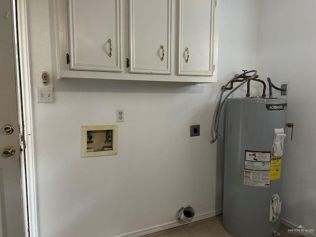 206 Justice Ln, San Juan, TX 78589 - laundry area featuring electric dryer hookup, water heater, washer hookup, and cabinet space