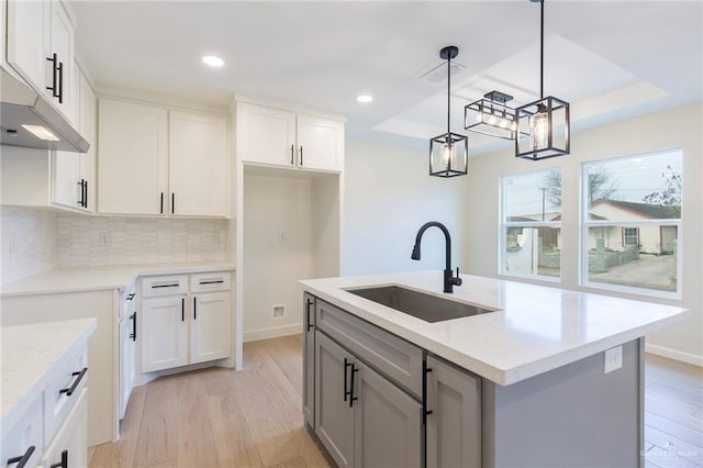 kitchen with tasteful backsplash, light wood-type flooring, a raised ceiling, and a sink