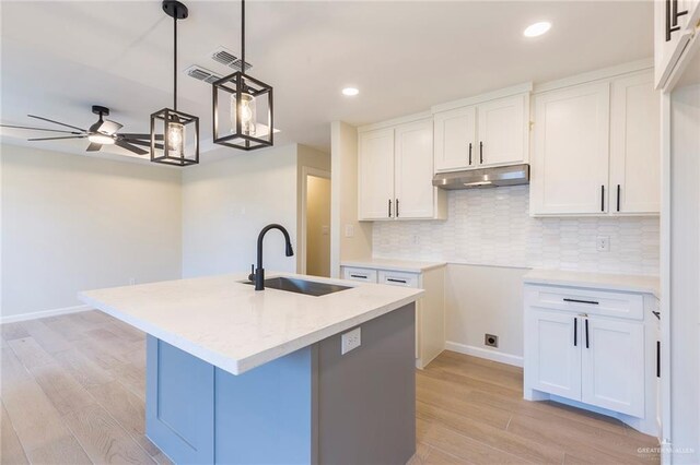 kitchen with light wood finished floors, decorative backsplash, white cabinets, under cabinet range hood, and a sink