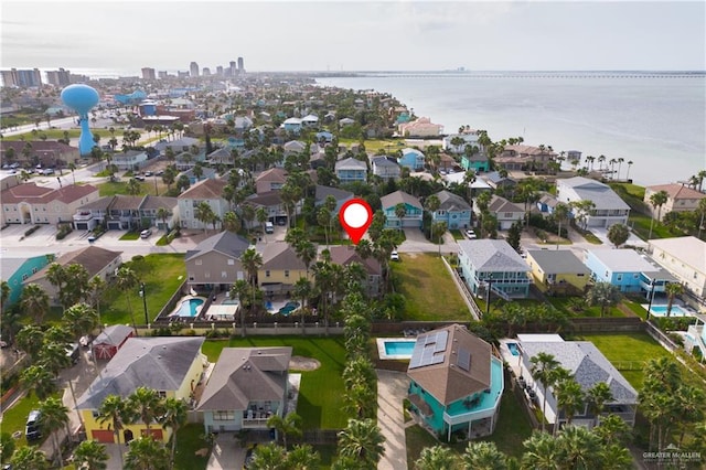 aerial view featuring a water view