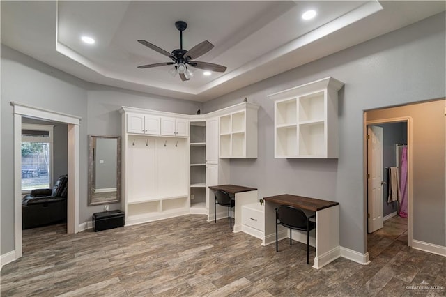 mudroom featuring a raised ceiling, ceiling fan, and dark hardwood / wood-style floors