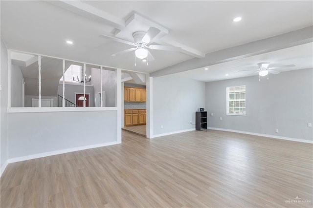 7201 S San Marcos St, Pharr, TX 78577 - unfurnished living room with ceiling fan, beam ceiling, light wood-type flooring, baseboards, and recessed lighting