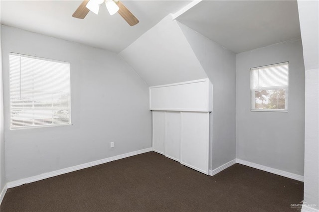 7201 S San Marcos St, Pharr, TX 78577 - bonus room featuring dark carpet, a ceiling fan, vaulted ceiling, and baseboards