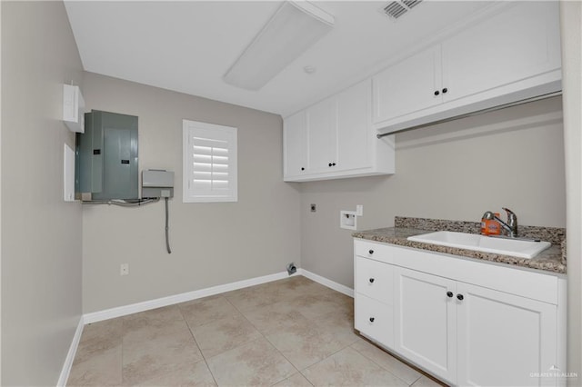 laundry area with sink, electric dryer hookup, electric panel, cabinets, and washer hookup