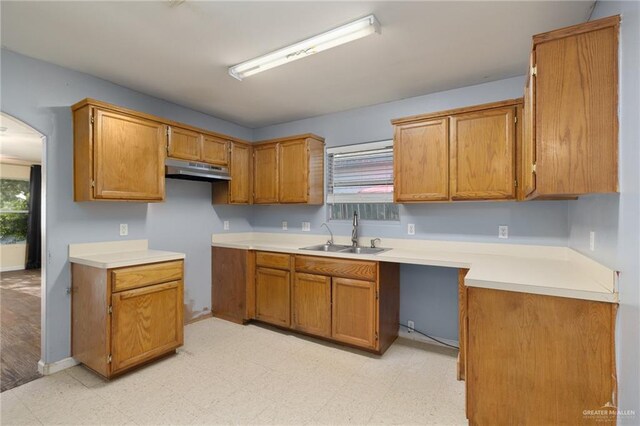 477 Serg Loop, Alamo, TX 78516 - kitchen with light floors, brown cabinetry, under cabinet range hood, and a sink
