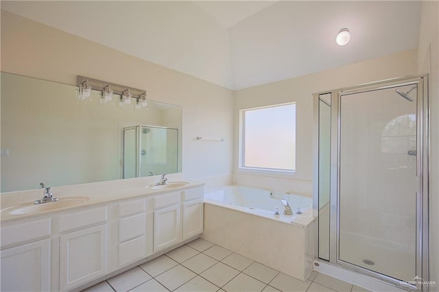 4612 Laurel Ave, Mcallen, TX 78501 - full bathroom featuring a stall shower, a bath, tile patterned flooring, double vanity, and lofted ceiling