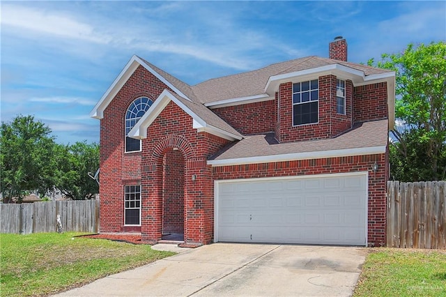 4612 Laurel Ave, Mcallen, TX 78501 - traditional-style home with brick siding, driveway, a shingled roof, and a chimney