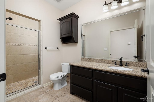 bathroom with walk in shower, vanity, toilet, and tile patterned flooring