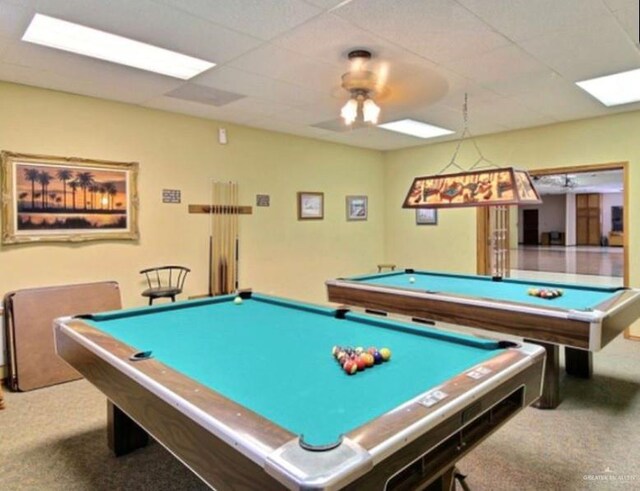 game room featuring ceiling fan, carpet, pool table, and a drop ceiling