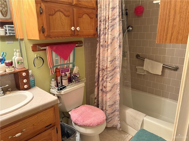 full bathroom with tile patterned floors, vanity, toilet, and shower / tub combo with curtain