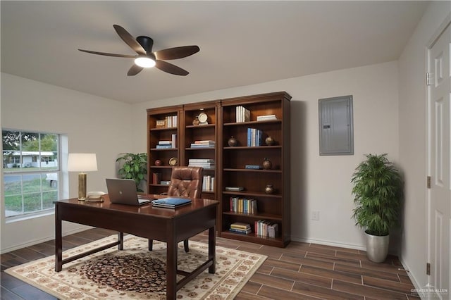 home office with electric panel, ceiling fan, and dark wood-type flooring