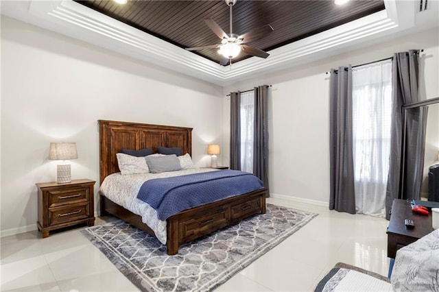 13500 35th St, Edinburg, TX 78541 - bedroom featuring a tray ceiling, baseboards, light tile patterned floors, ceiling fan, and wooden ceiling