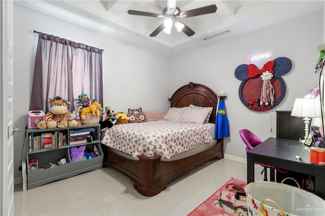 13500 35th St, Edinburg, TX 78541 - tiled bedroom featuring a tray ceiling, baseboards, and ceiling fan