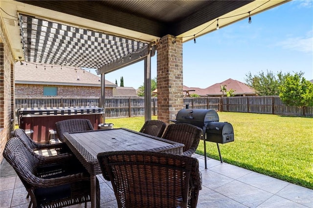 13500 35th St, Edinburg, TX 78541 - view of patio / terrace featuring a hot tub, outdoor dining space, a pergola, and grilling area