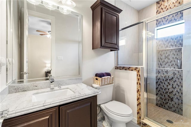 13500 35th St, Edinburg, TX 78541 - bathroom featuring a shower stall, vanity, toilet, and ceiling fan